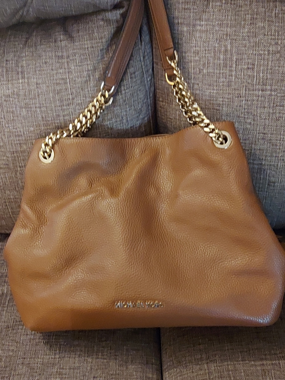 Michael Kors Cognac Leather Shoulder Tote with Gold Chain Straps